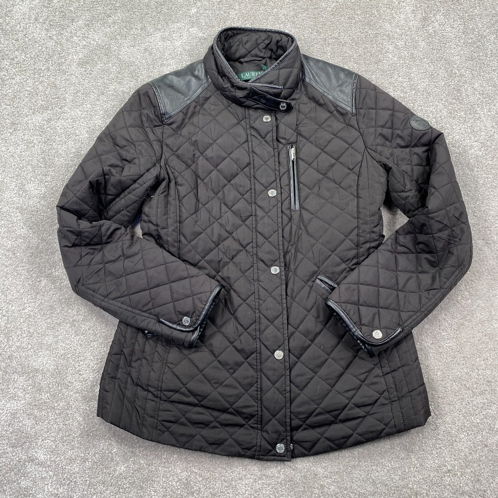 Ralph Lauren Women's Faux Leather Trim Diamond Snap Quilted Jacket Size S Black